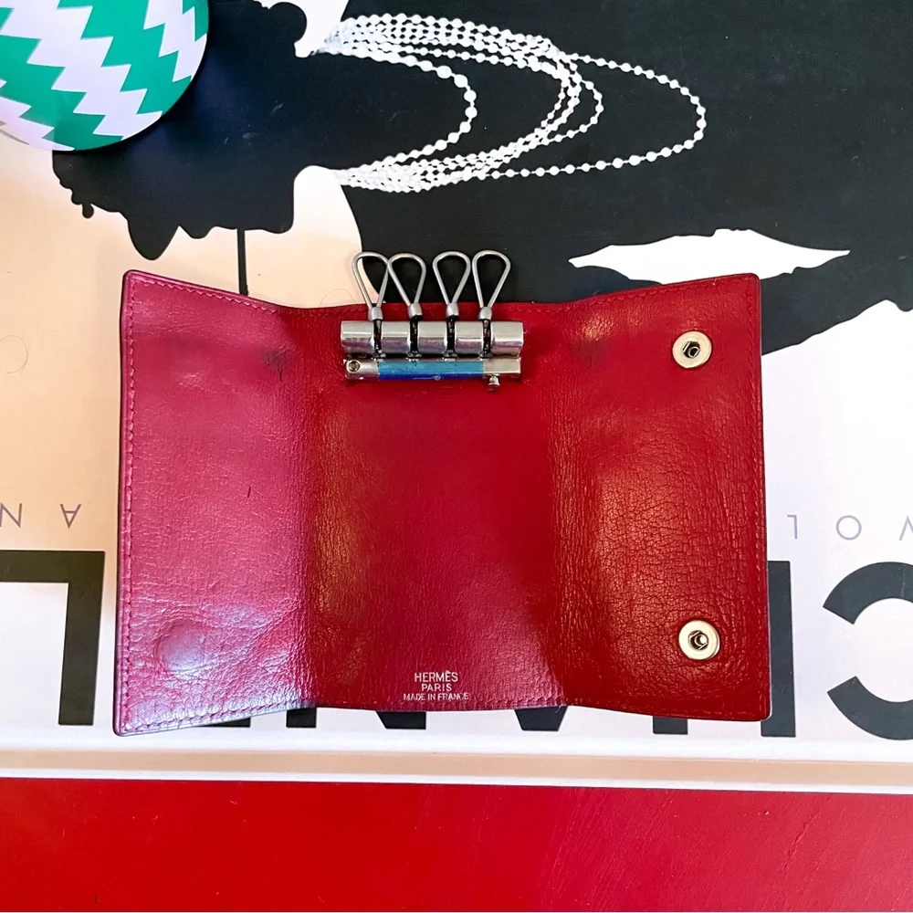 Authentic Hermes Etui Cles Chevre‎ Red Leather 4 Ring Key Case