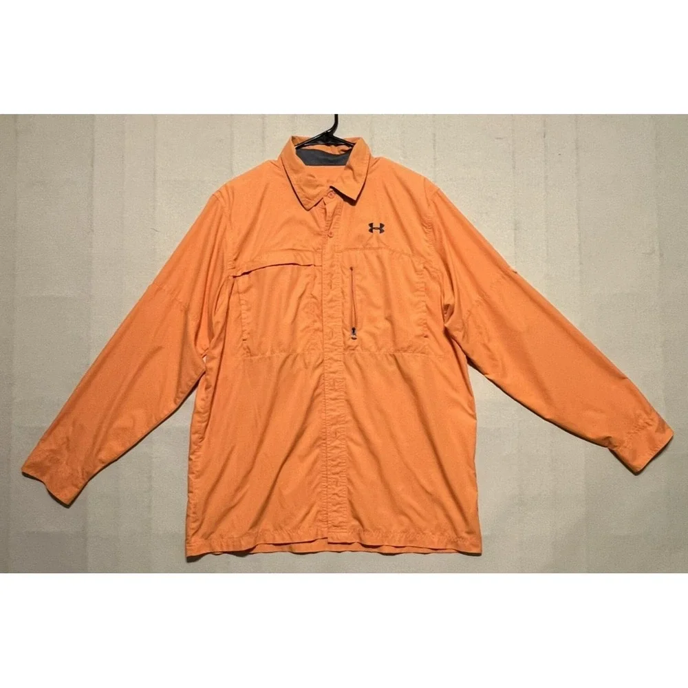 Under Armour Mens Fishing‎ Shirt Orange Long Sleeve Roll Tab Button Up Large