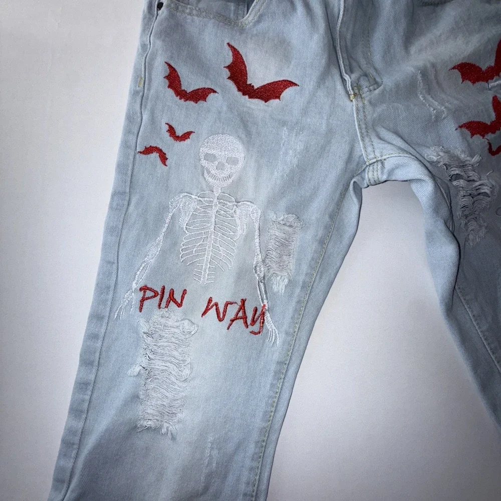 Mens Light Blue Denim Jeans With Red Bat & Skeleton Print Size 28 Streetwear‎