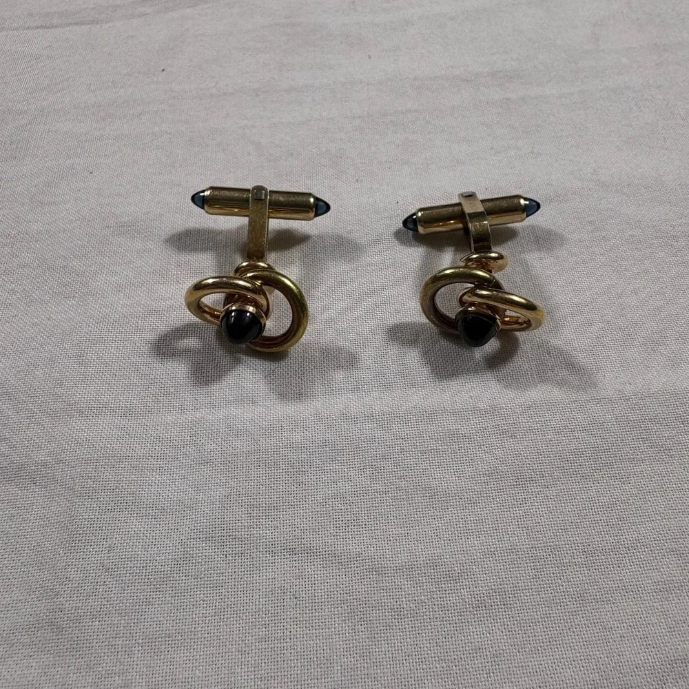 Krementz Gold Tone Black Onyx Swirl Cufflinks Mens Formal Wear‎ Tuxedo