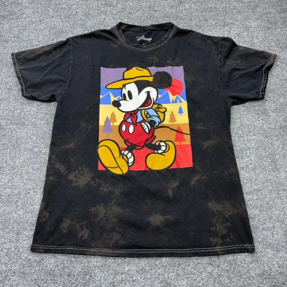 Disney Mickey Mouse Hiking‎ Graphic Tee Black Acid Wash Men Medium Mad Engine