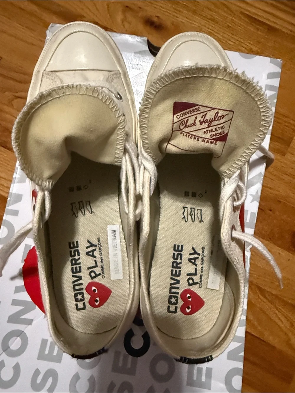Comme des Garcons Cream Canvas Sneakers with Black Heel Stripe