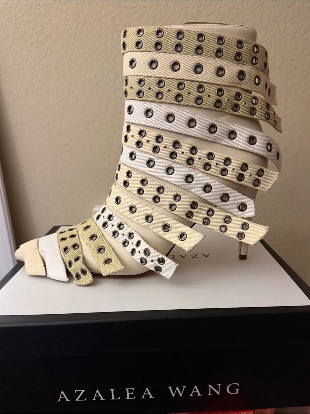 Azalea Wang Cream Strappy Eyelet Stiletto Sandal