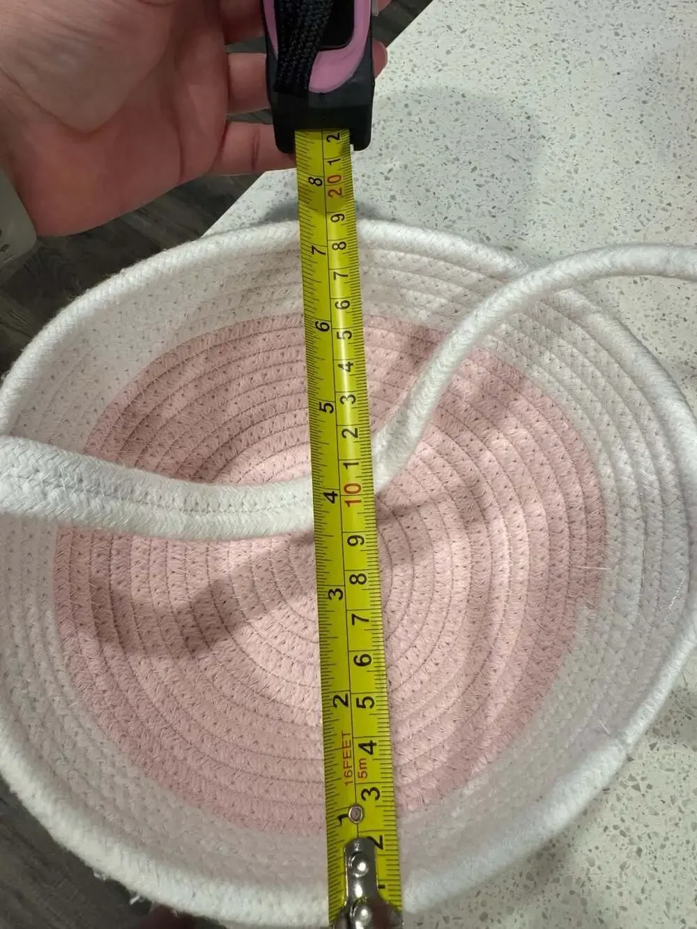 Pink and White Cotton Rope Woven Storage Basket with Handle