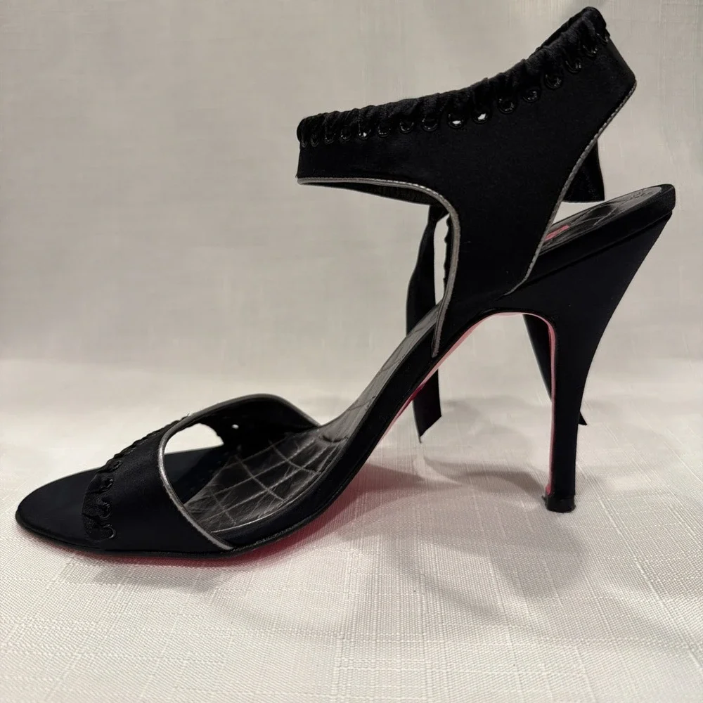 Betsey Johnson Black Satin Heels Stilettos Ankle Strap Bow Sz. 9.5 M Silver Trim