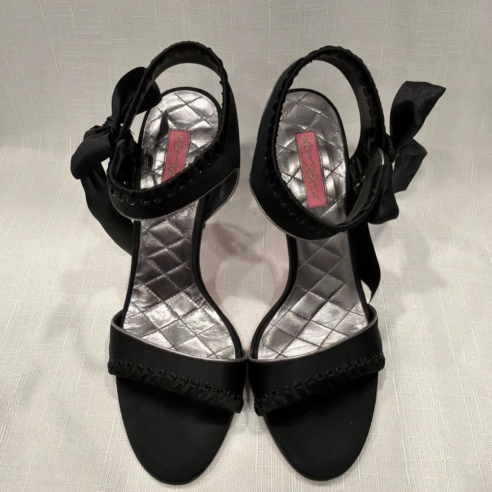 Betsey Johnson Black Satin Heels Stilettos Ankle Strap Bow Sz. 9.5 M Silver Trim