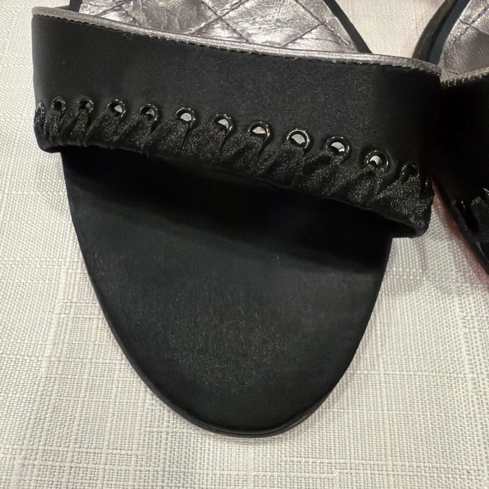 Betsey Johnson Black Satin Heels Stilettos Ankle Strap Bow Sz. 9.5 M Silver Trim