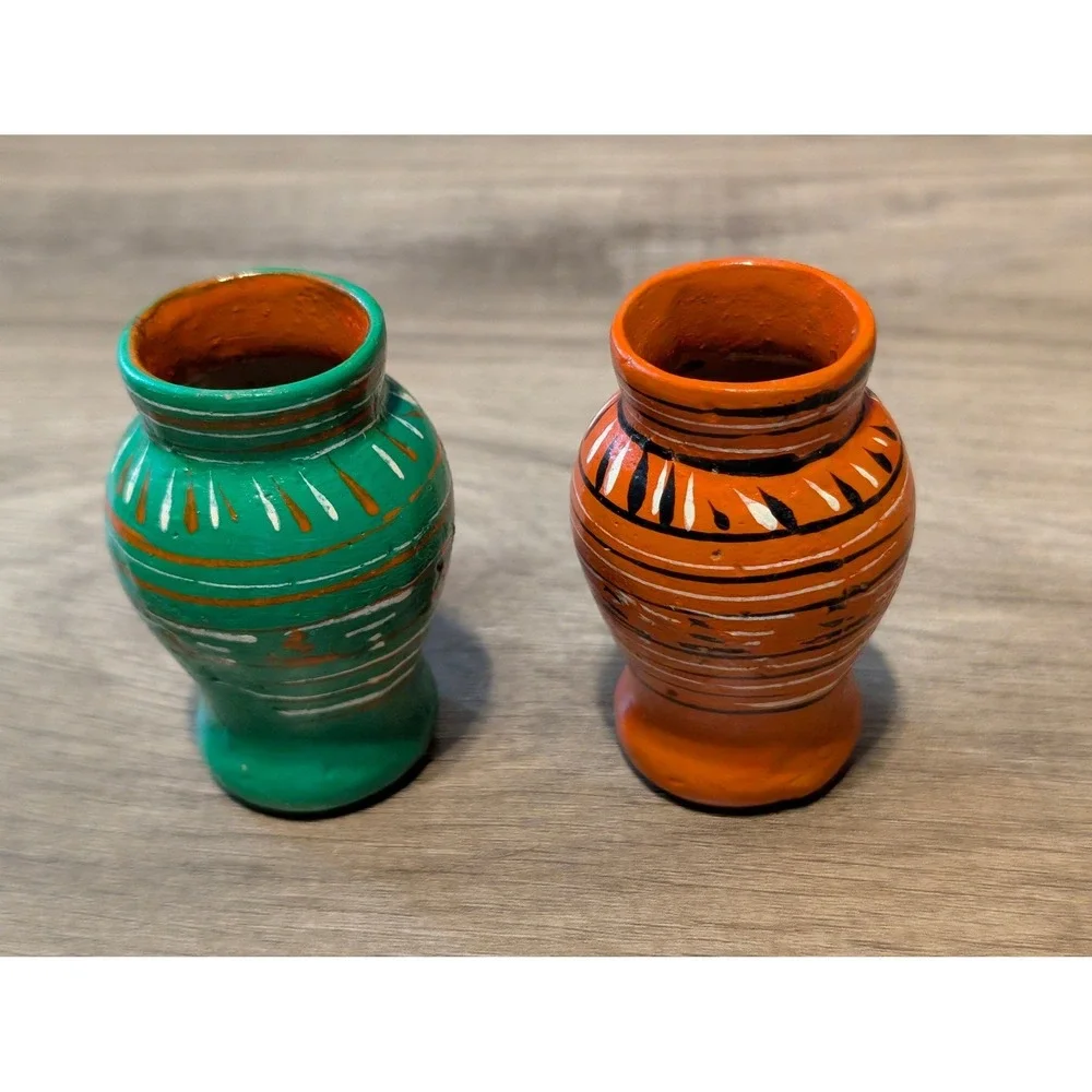 Vintage Hand Painted Miniature Pottery‎ Vases Set of 2 Green Orange Folk Art 3