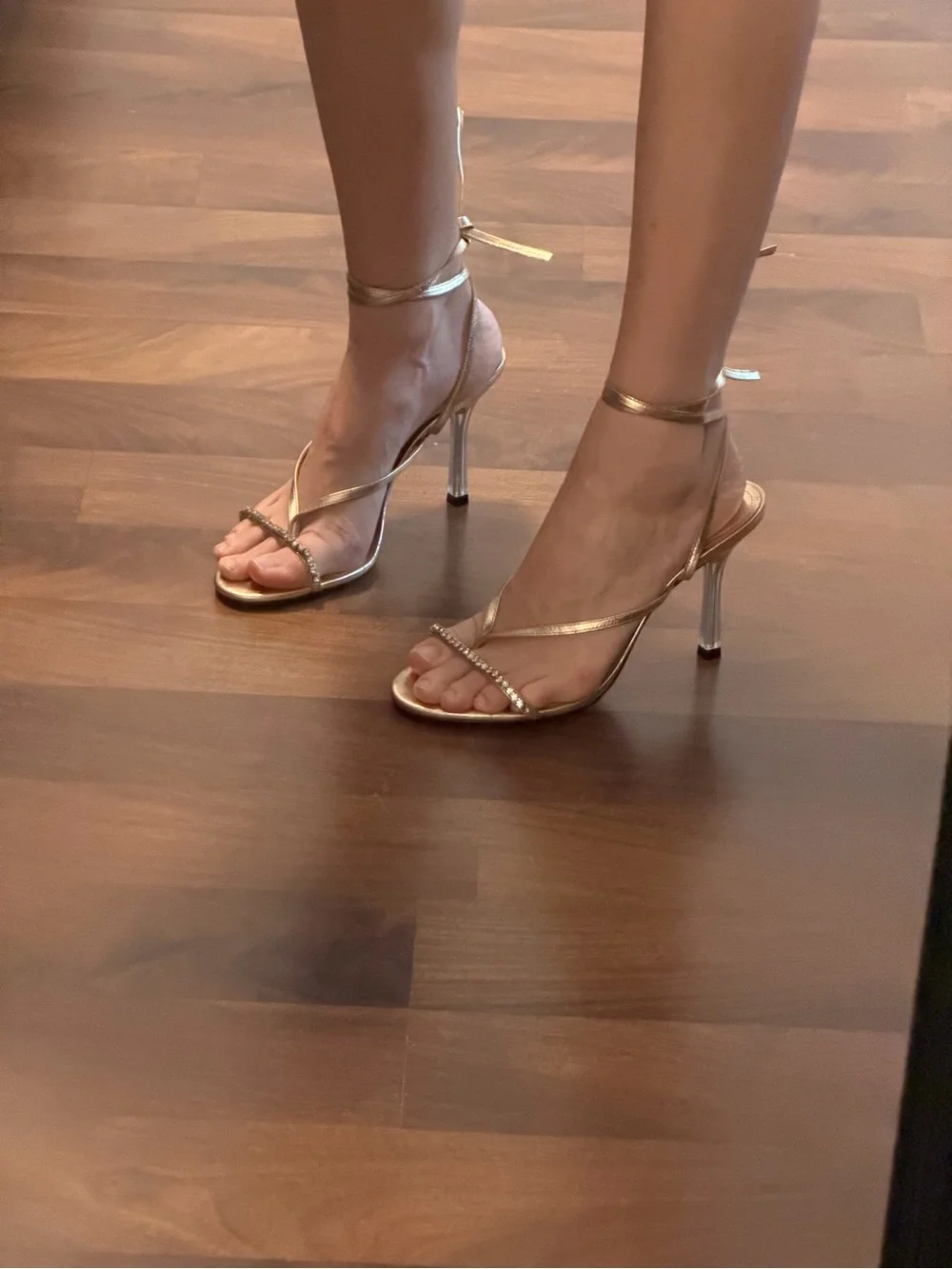 SCHUTZ Metallic Gold Strappy Stiletto Sandals with Ankle Wrap