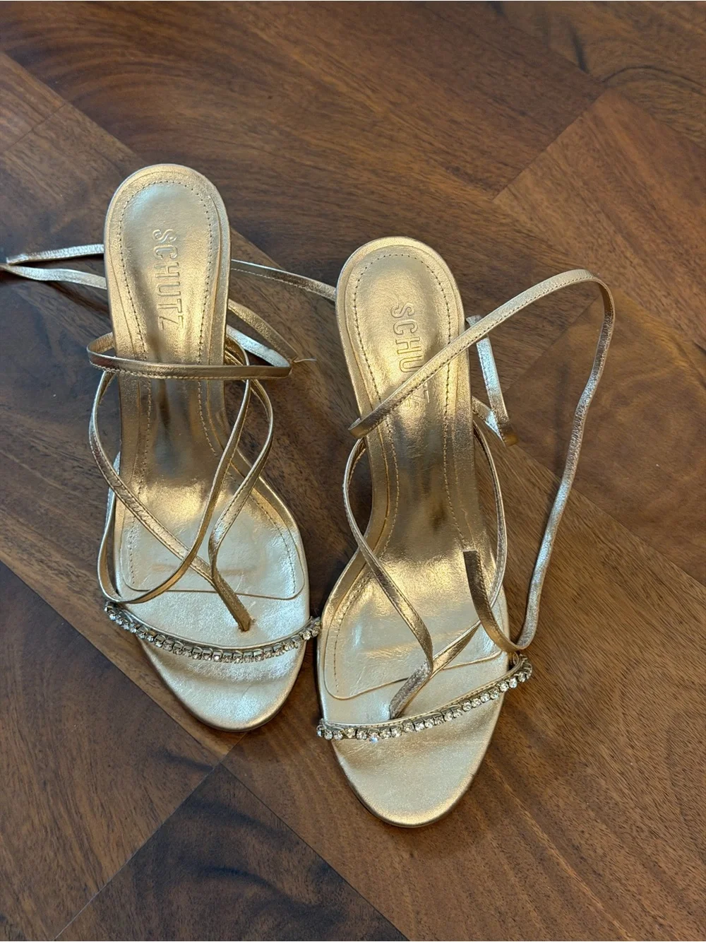 SCHUTZ Metallic Gold Strappy Stiletto Sandals with Ankle Wrap
