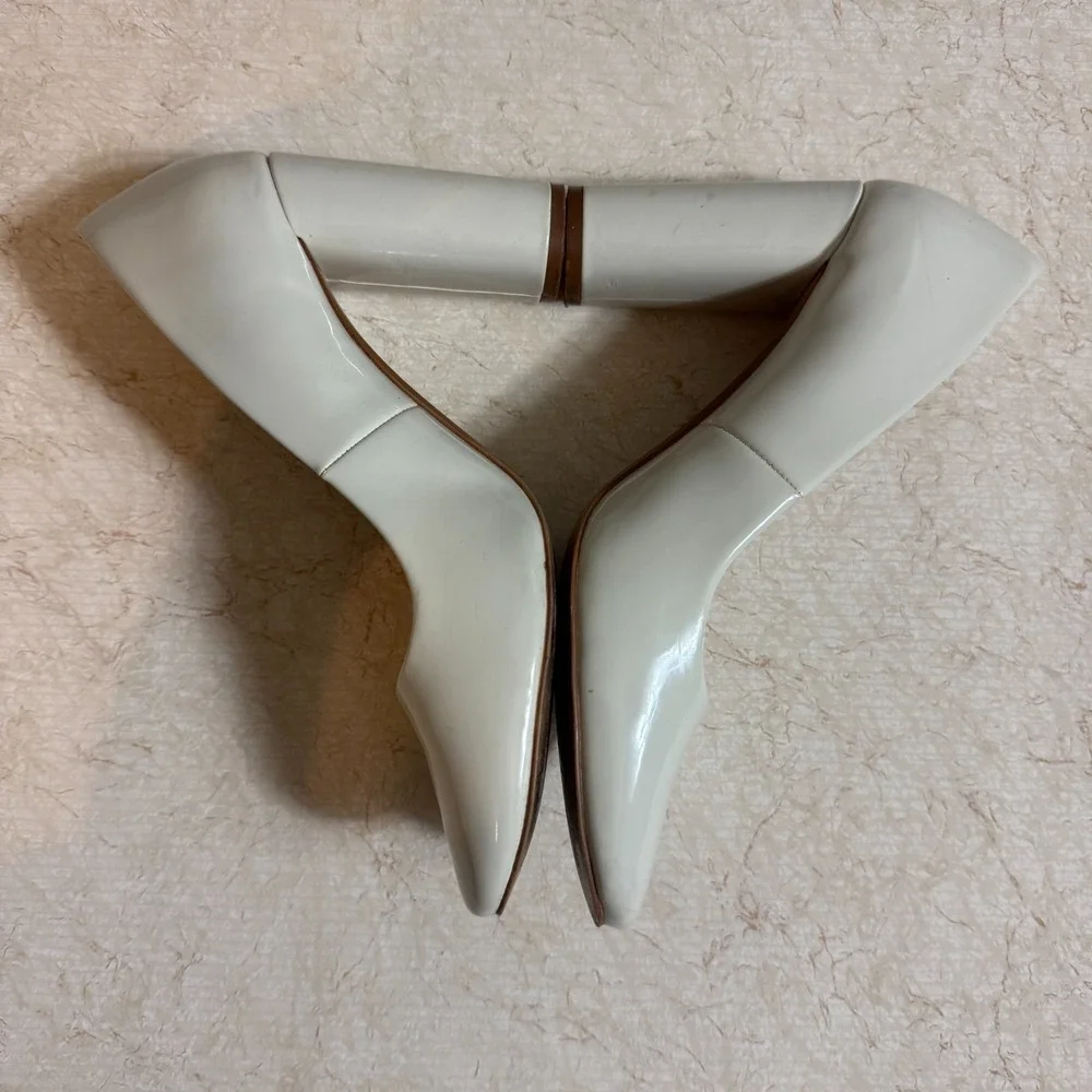 ZARA Trafaluc Block Heel Pumps Patent‎ Ivory White Size 38 US 7.5–8 S