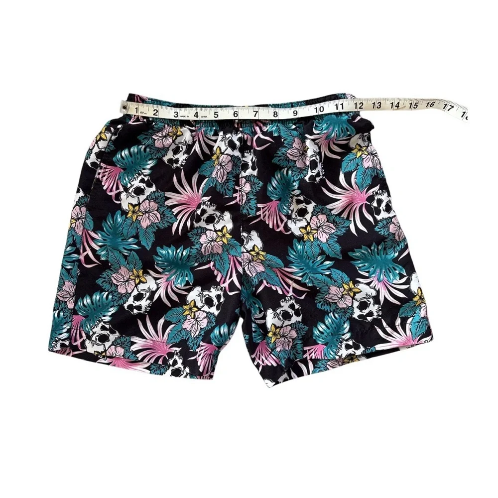 WXYZ Black Tropical Skull Swim Shorts‎ Unlined Pink & Teal Floral M(10)