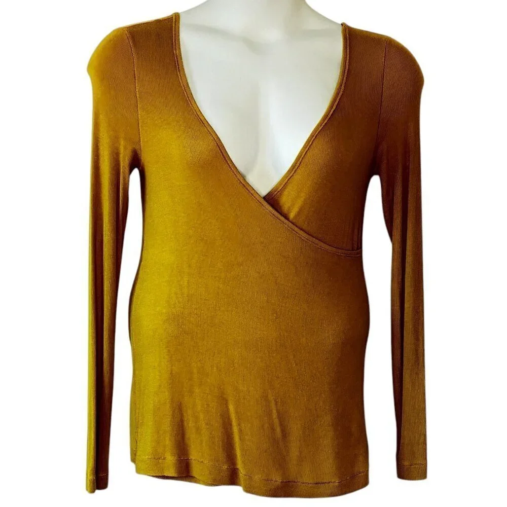 Free People Just My Type Surplice Top Faux Wrap Mustard Yellow Long OVERSIZED XS