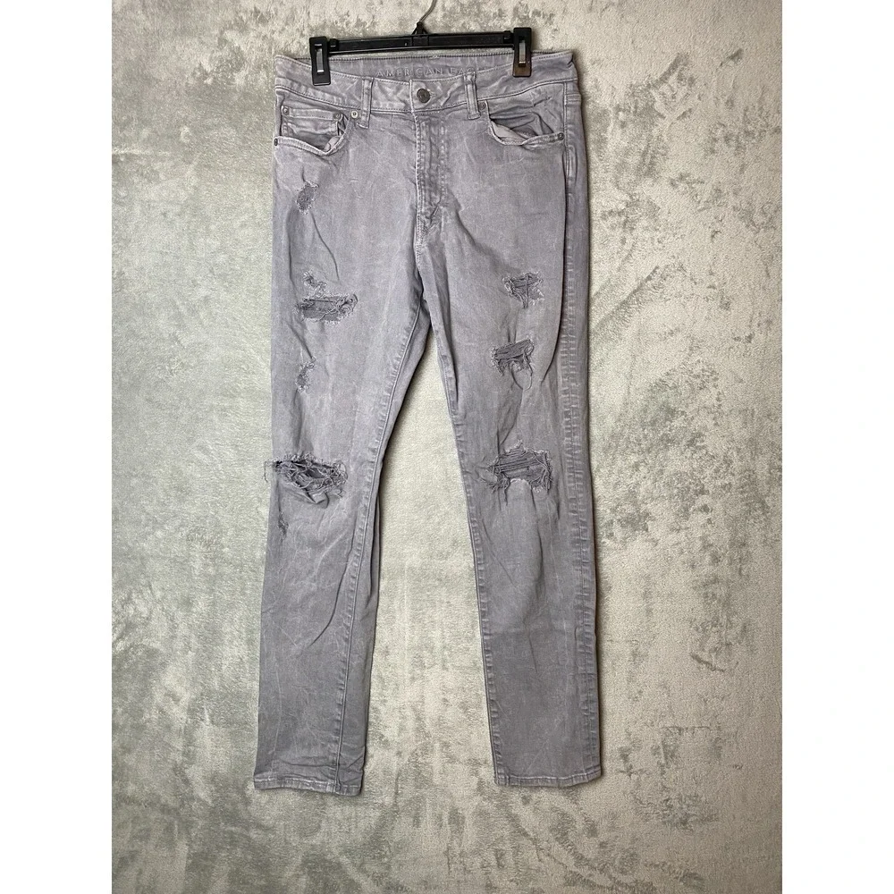 American Eagle Mens 33x32 Airflex+ Distressed Grey Jeans