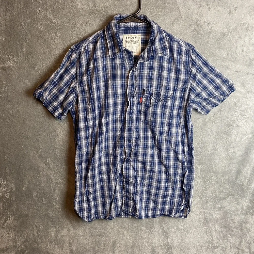 Levi's Men's Small Plaid Short Sleeve Shirt Blue 100% Cotton