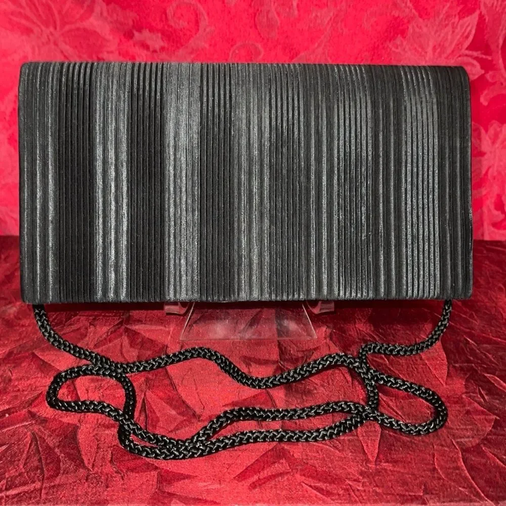La Regale Black Pleated Satin Clutch with Braided Cord‎