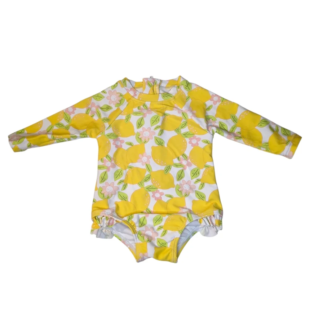 Girls Swimsuit One Piece Long Sleeve Kids Rash Guard White Yellow Lemon Baby 6m