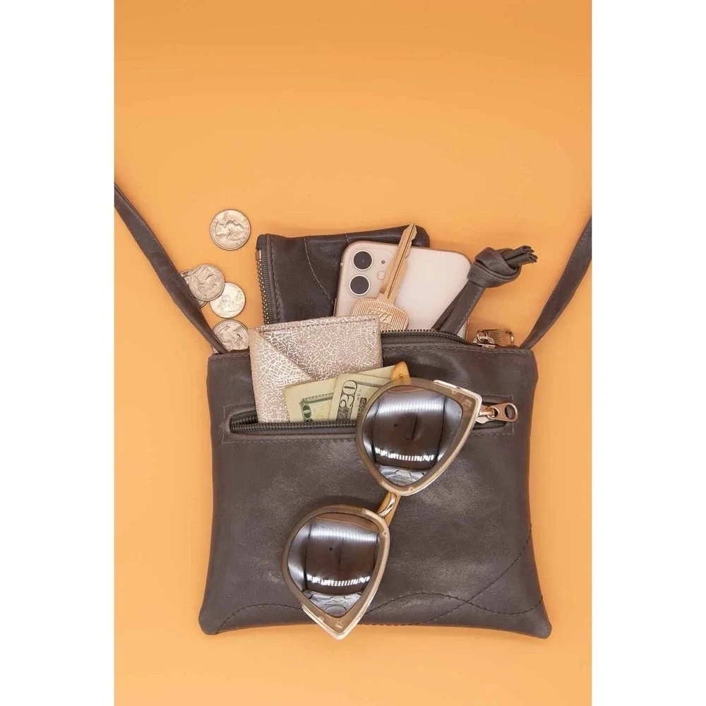 Crystalyn Kae Gray Vegan Leather Crossbody‎ Bag Floral Lining Minimalist Luxe