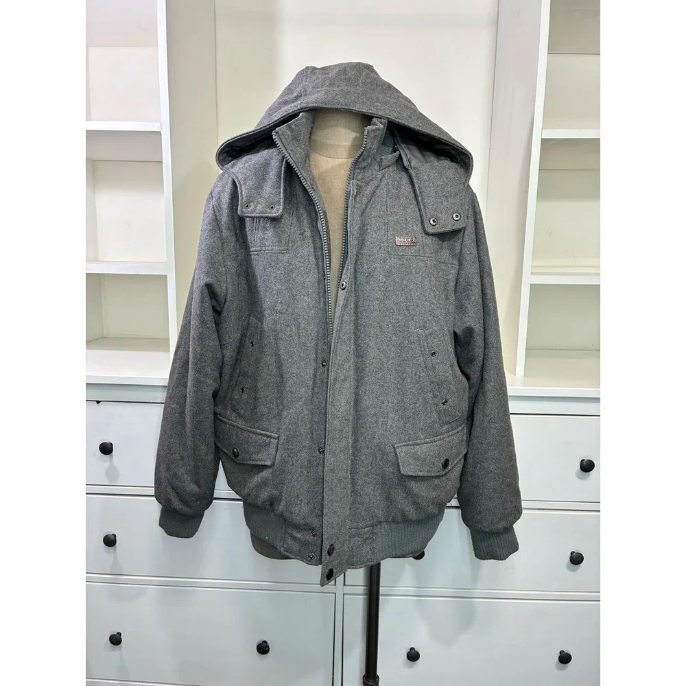 Coogi Mens‎ XL Gray Wool Blend Hooded Bomber Jacket Heavyweight Coat