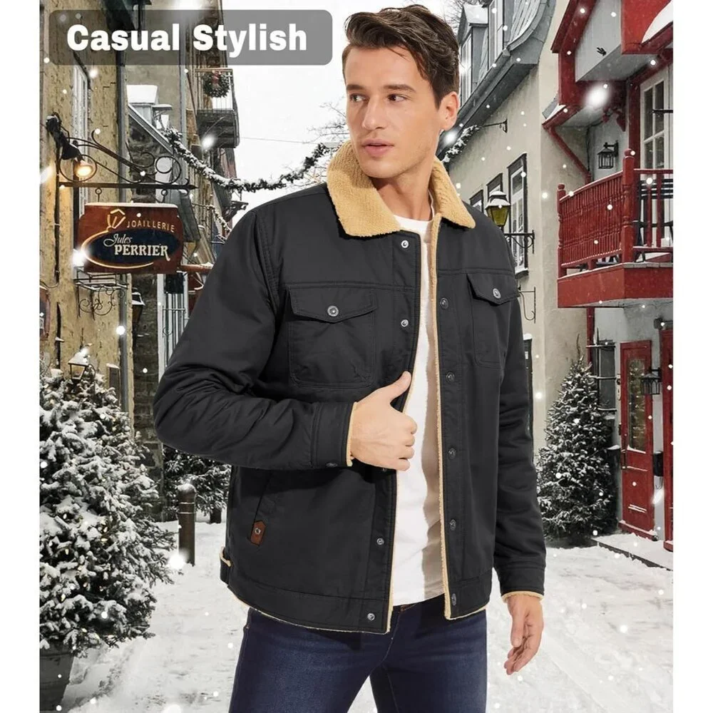 Men's Grey Winter Thick Thermal Cotton Warm Fleece Lined Coat Cargo Jackets