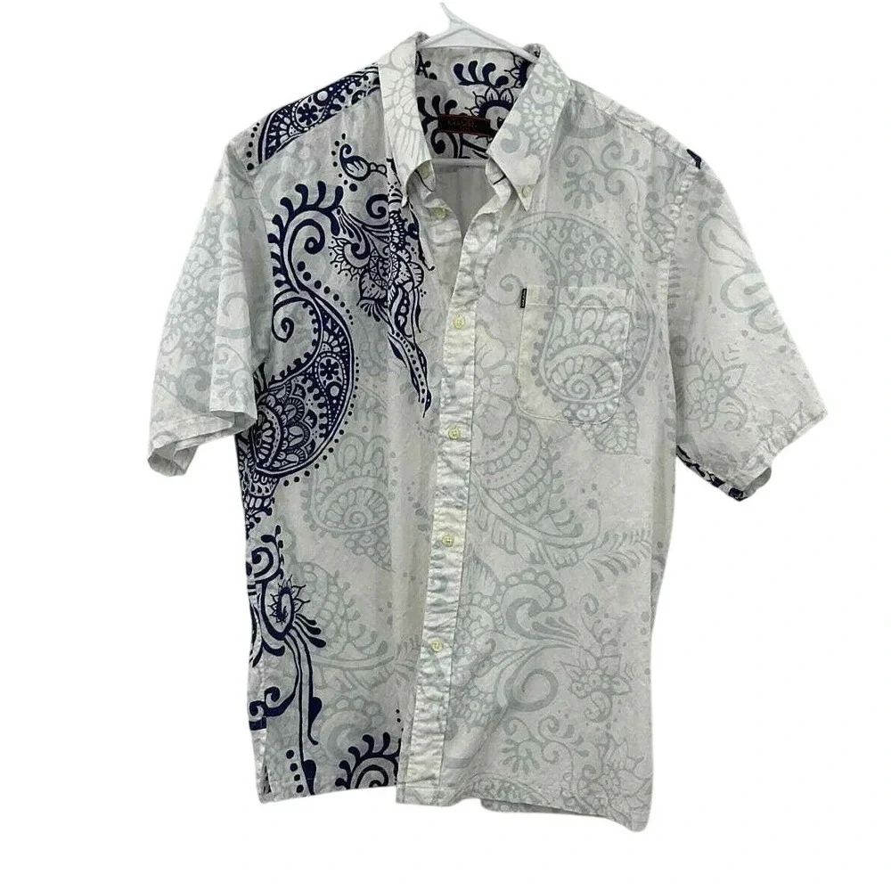 Majun Japan Mens 3L Short Sleeve Paisley Floral Jacquard Button Down Shirt White