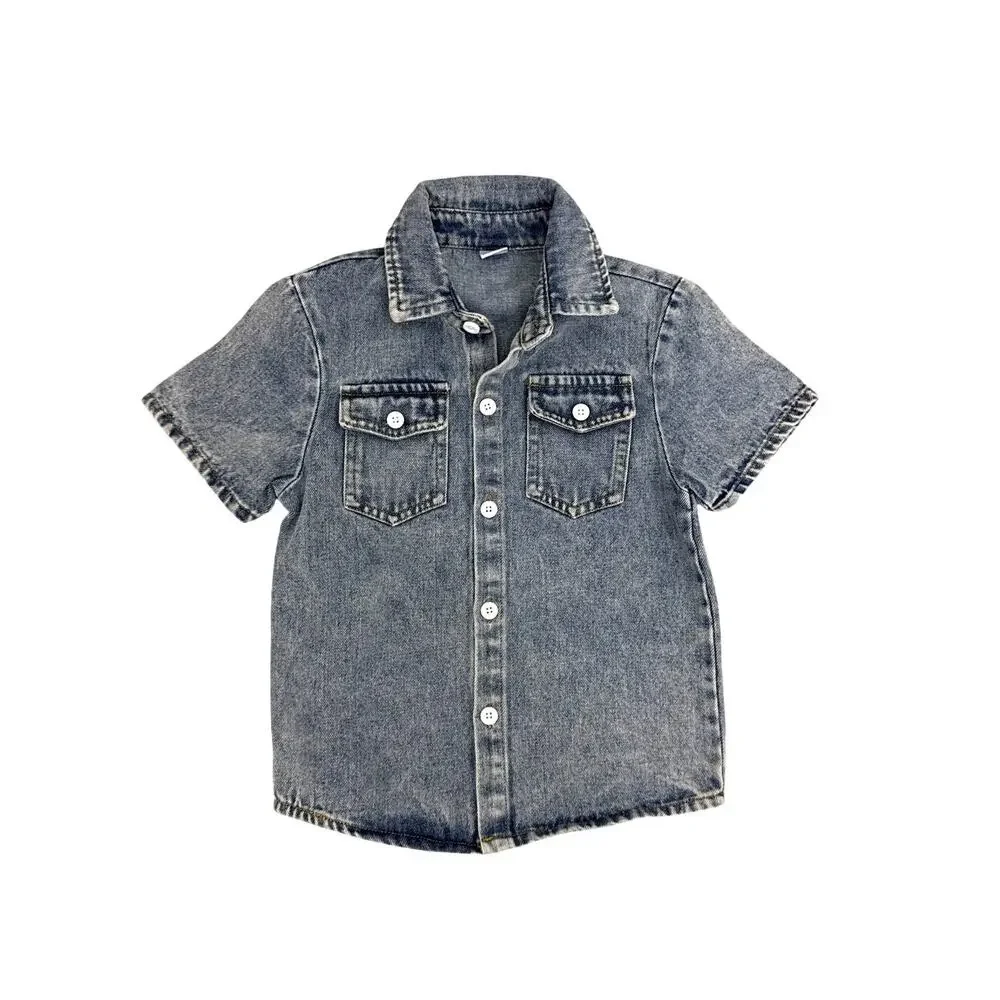 Shein Blue Denim Button Down Short Sleeve Shirt Size Youth 5