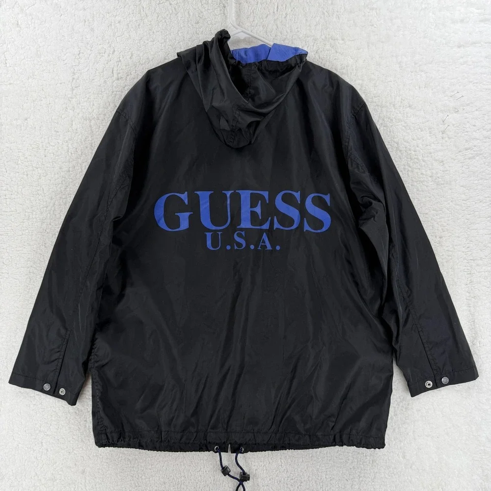 Vintage Guess Classics Jacket Mens Large‎ Black Nylon Hooded Windbreaker USA