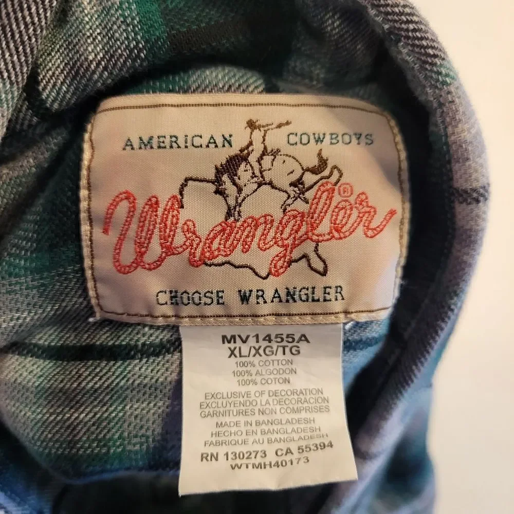 Wrangler Green Black Flannel Long Sleeve Western Pearl Snap Shirt Men's XL