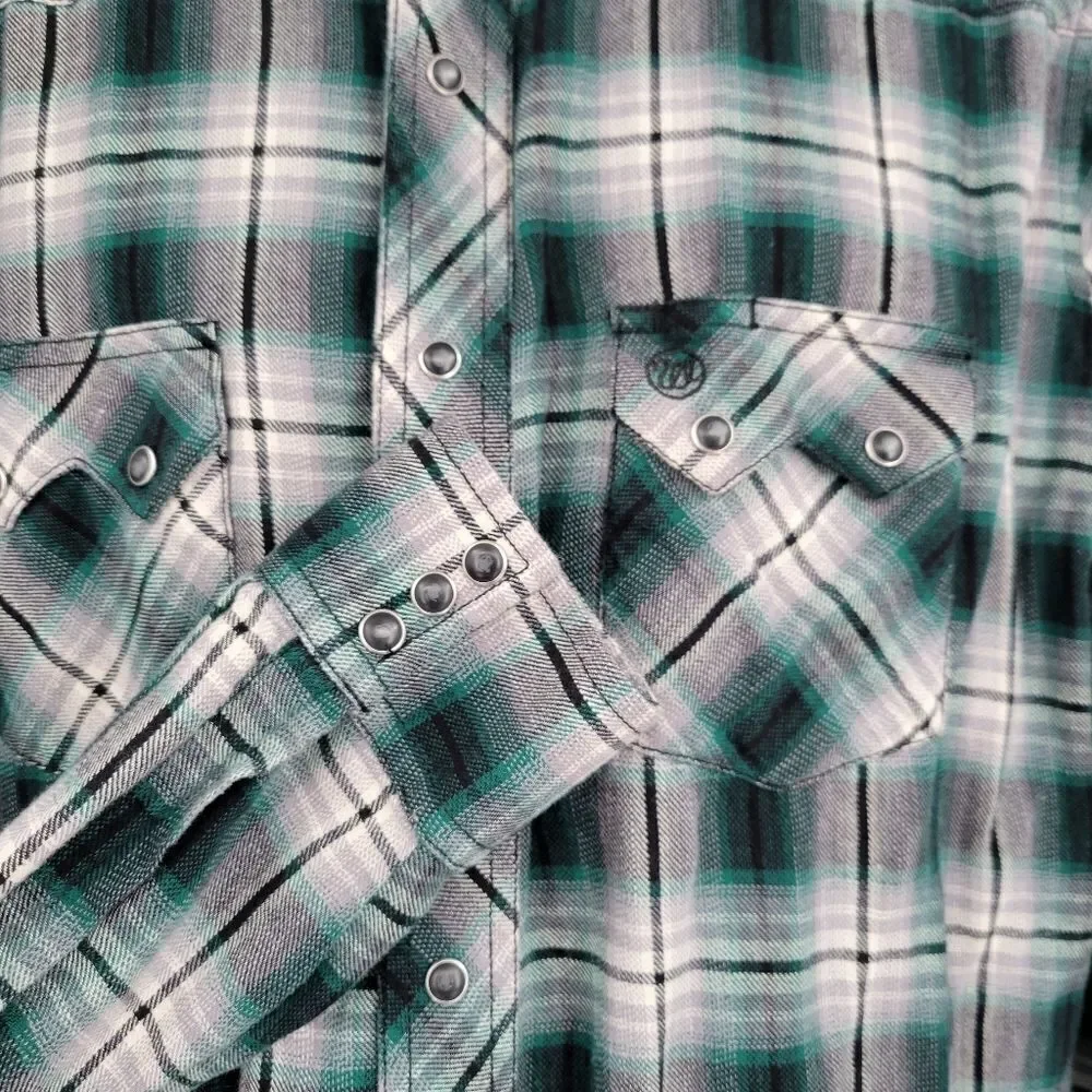 Wrangler Green Black Flannel Long Sleeve Western Pearl Snap Shirt Men's XL