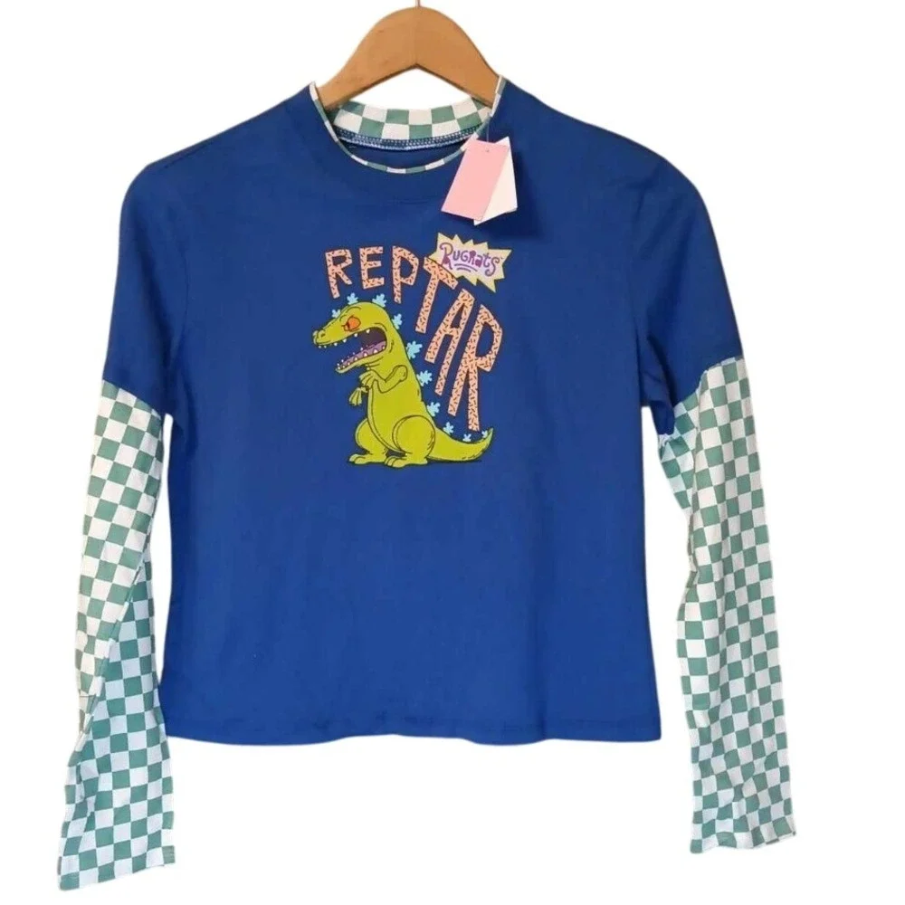 Nickelodeon Rugrats Reptar Long Sleeve T Shirt Blue Green Checker Kids‎ XS