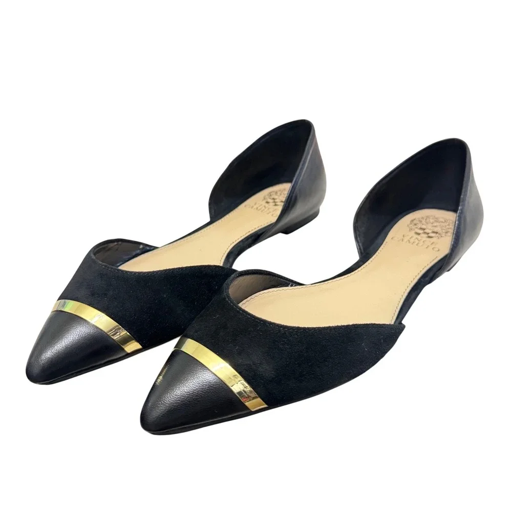 Vince Camuto Hope Pointed Toe‎ Flats Womens 8 Black Suede Leather Gold