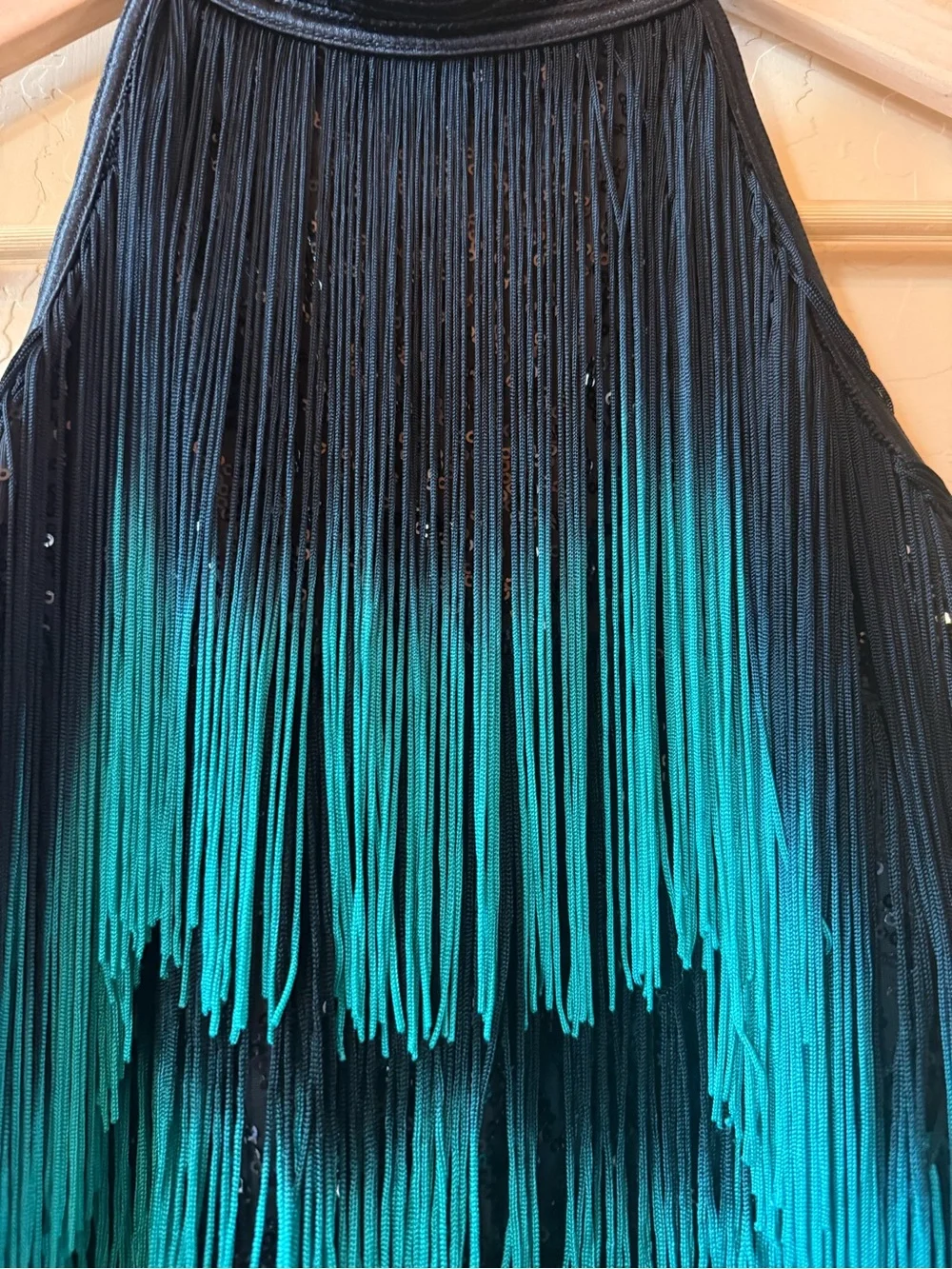 Weissman LC Black Turquoise Fringe Dance Costume Sequin Halter Jazz Lyrical