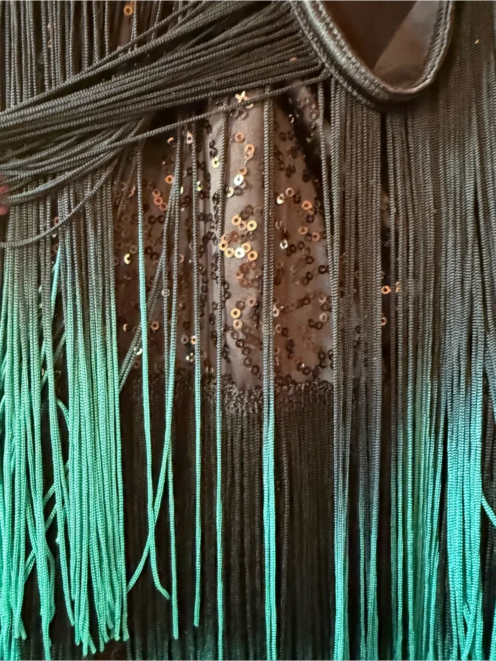 Weissman LC Black Turquoise Fringe Dance Costume Sequin Halter Jazz Lyrical
