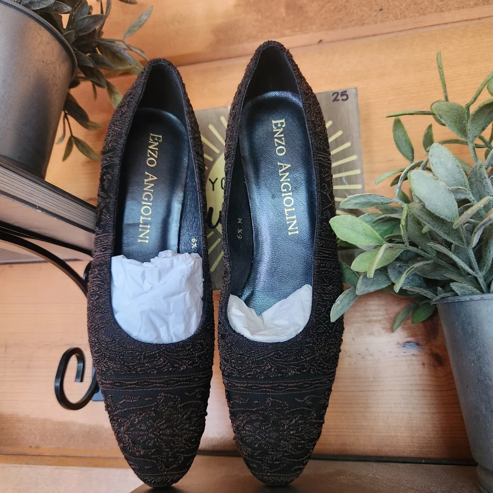 ENZO ANGIOLINI Block‎ Heel Knit Baroque Damask Knit Fabric Leather Pumps Sz 6.5M