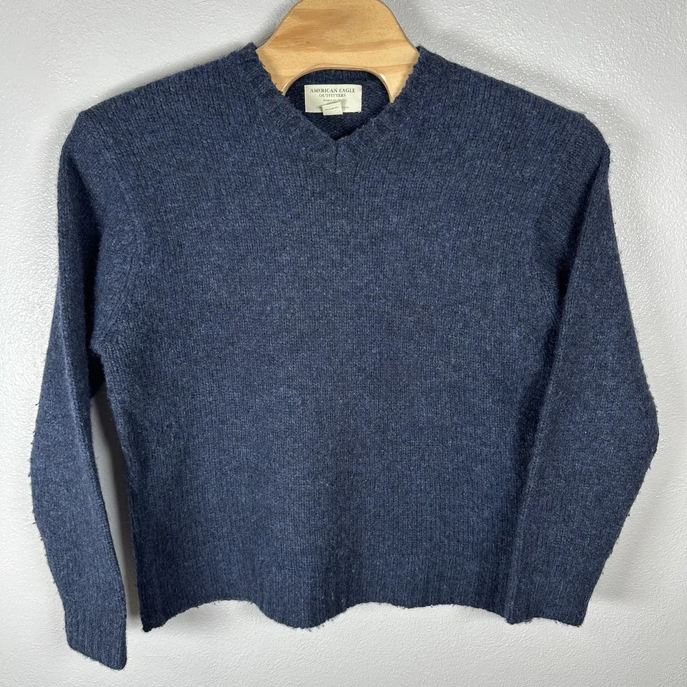 Vintage American Eagle Sweater Mens Large Wool‎ Blend Vneck Blue Thick Fisherman