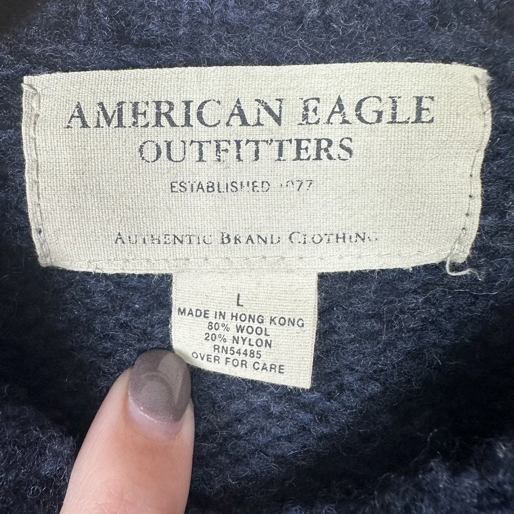 Vintage American Eagle Sweater Mens Large Wool‎ Blend Vneck Blue Thick Fisherman