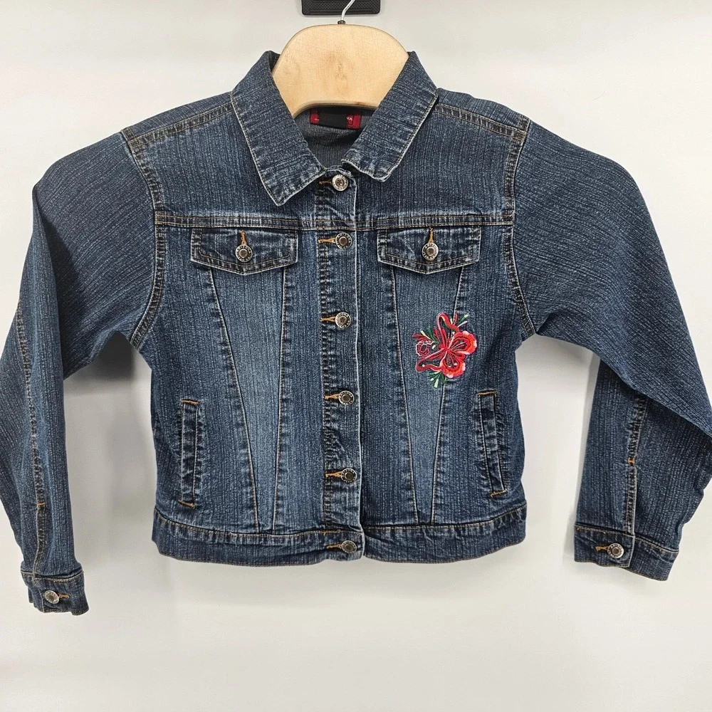 Arizona Denim Jacket Girls Size XL 10/12 Blue Butterfly Embroidered Rhinestone‎