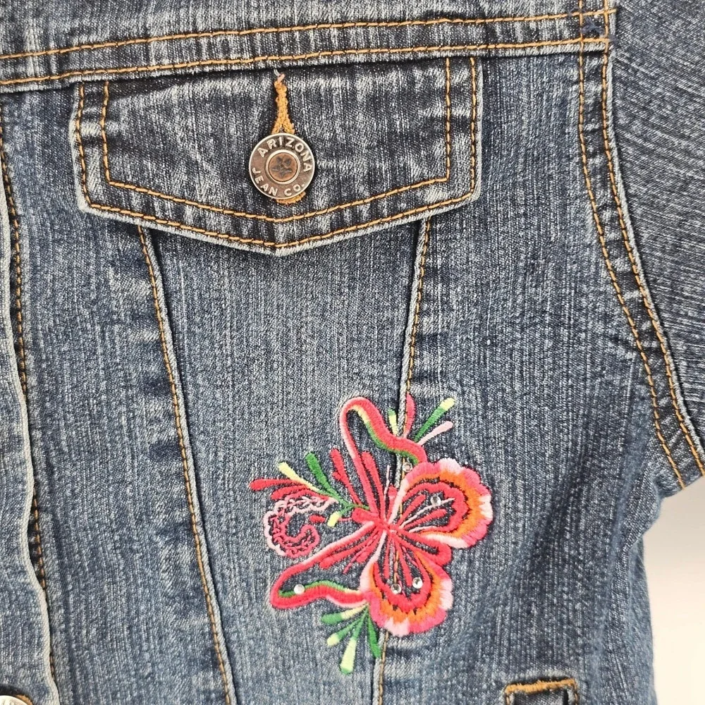 Arizona Denim Jacket Girls Size XL 10/12 Blue Butterfly Embroidered Rhinestone‎
