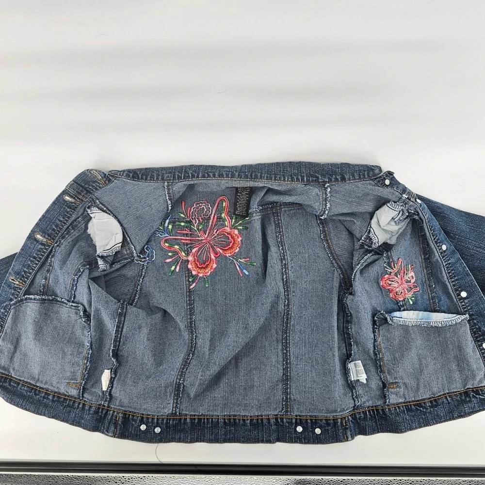 Arizona Denim Jacket Girls Size XL 10/12 Blue Butterfly Embroidered Rhinestone‎