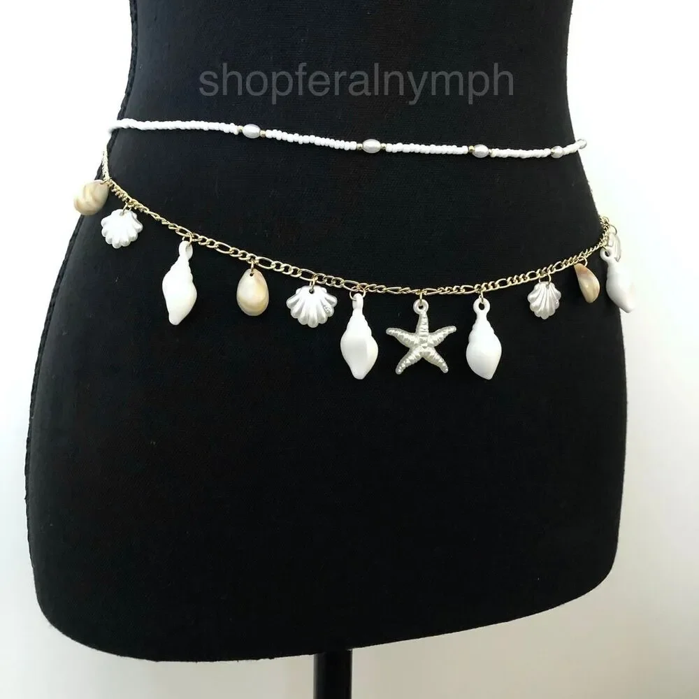 Mermaidcore Gold Shell Starfish Layered Chain Belt, Up to 33.5 Inches, X7GA1156