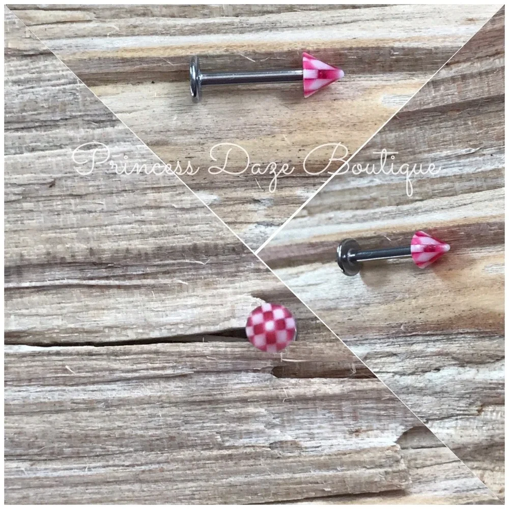 Pink White‎ Gingham Checkerboard Cone Labret Monroe Piercing Jewelry