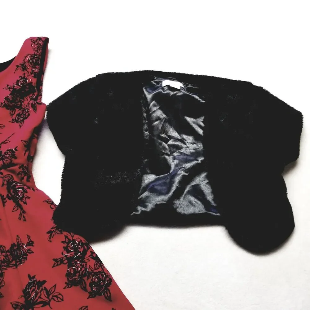 Knit Works Girls 12 Dress Formal Black Red Floral Faux Fur Jacket Holiday