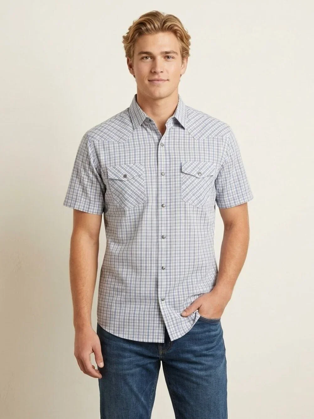 Banana Republic XL Western Plaid Shirt Short Sleeve Snap Front Blue White
