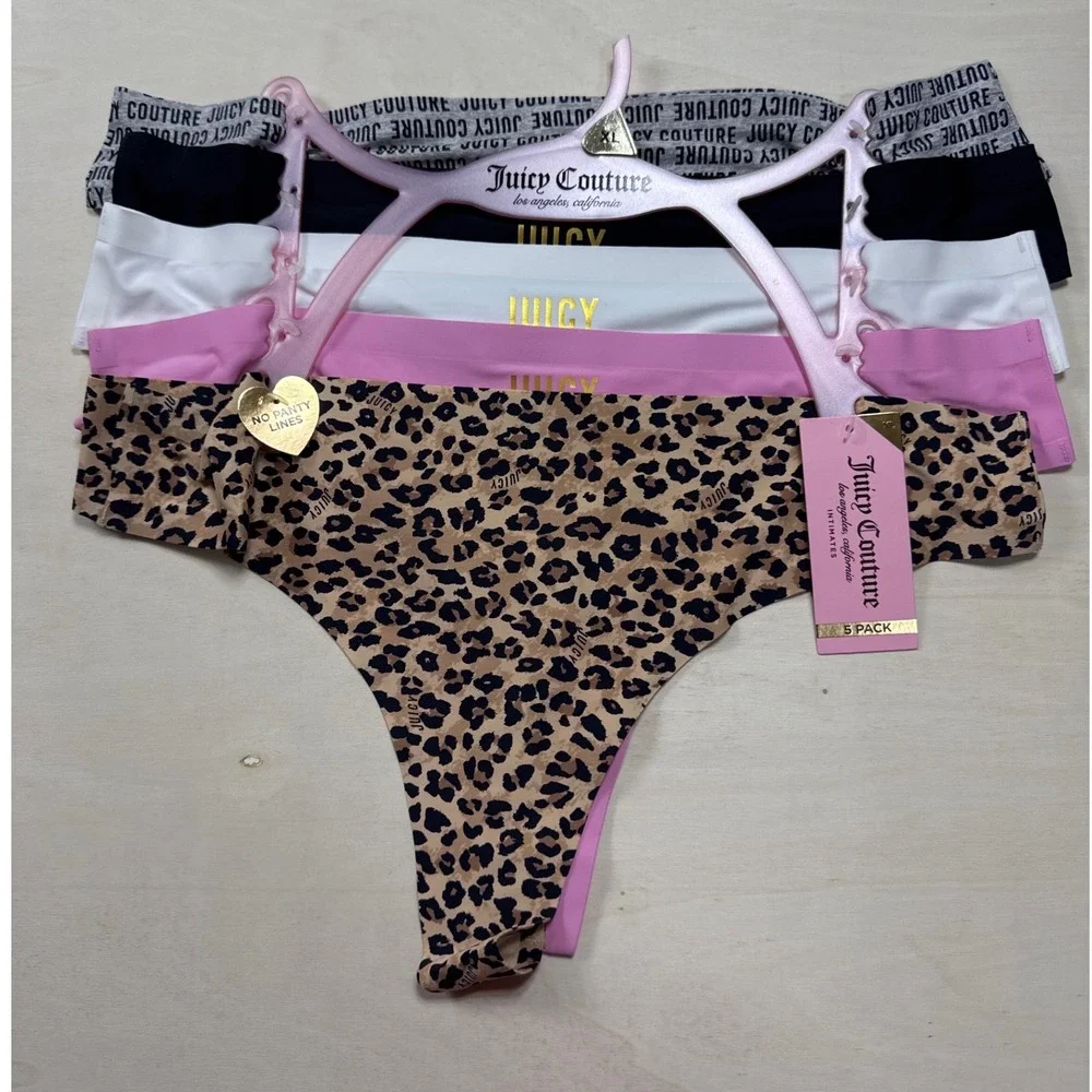 Juicy Couture Intimates 5 Pack Thong PantiesXL Leopard Pink Black White Logo NEW