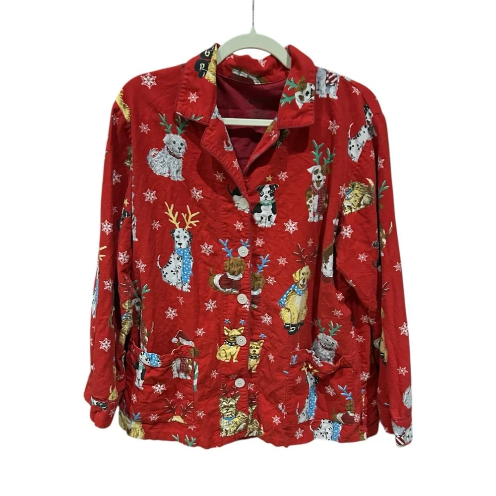 NICK & NORA VINTAGE Reindeer Dog Red Pajama‎ Top Cotton Flannel L
