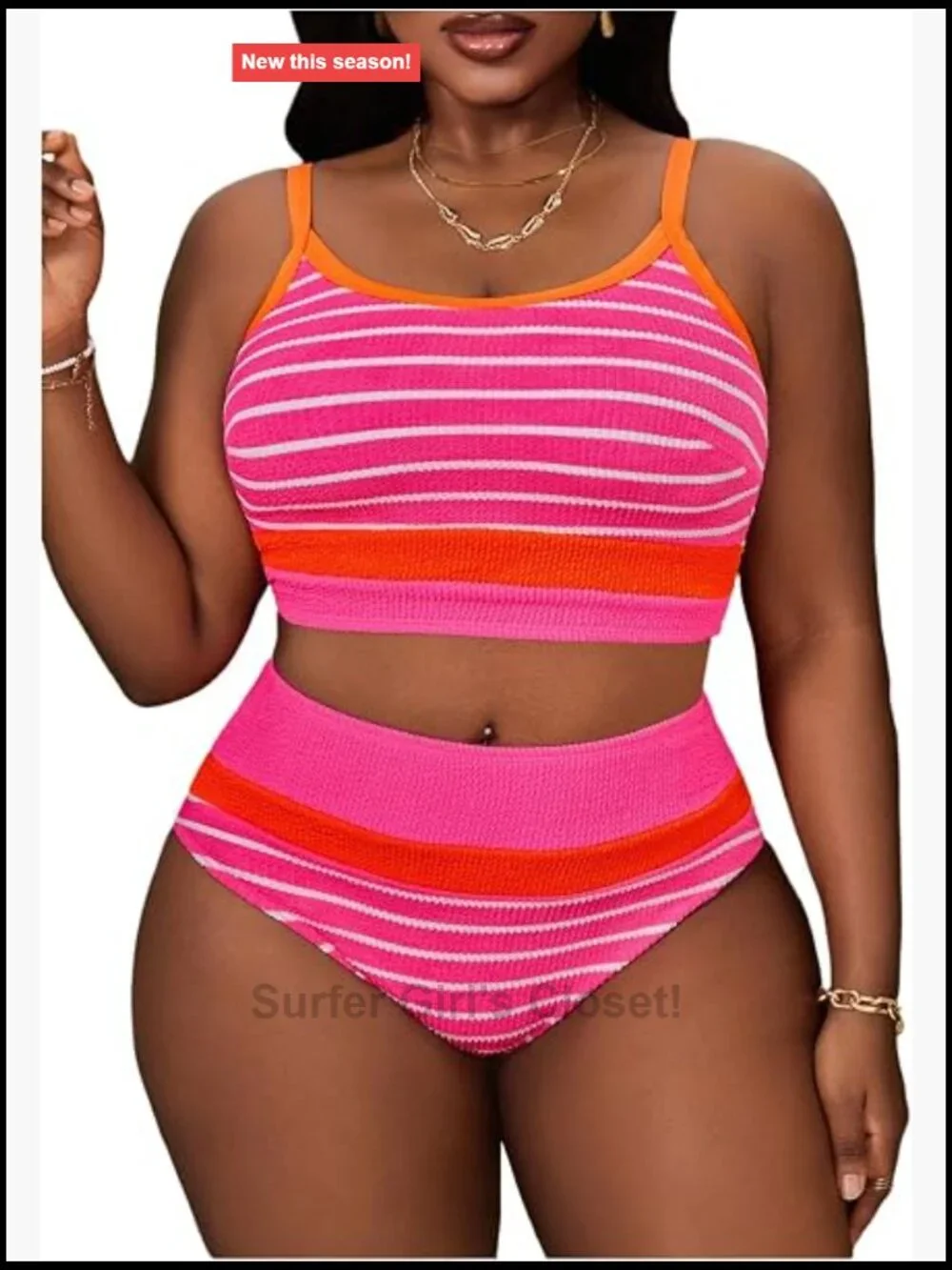 Plus Size Contrast Striped Ribbed Knit Bikini Set Tummy Control Swimsuit
