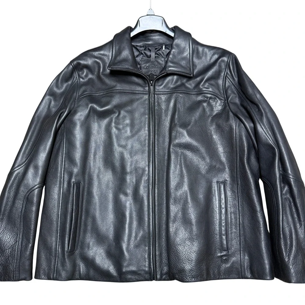 Calvin Klein‎ Black Leather Jacket Men's XXL Soft Quilt Lined Classic