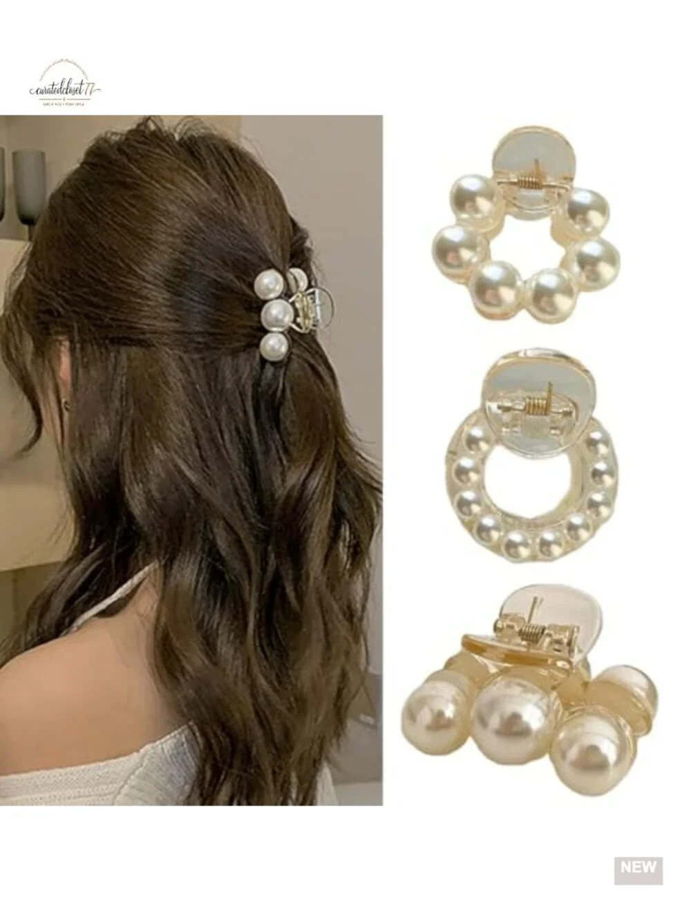 3 Pcs Pearl Hair Claw Clips Nonslip Strong Grip for Ponytail Thick Thin Hair