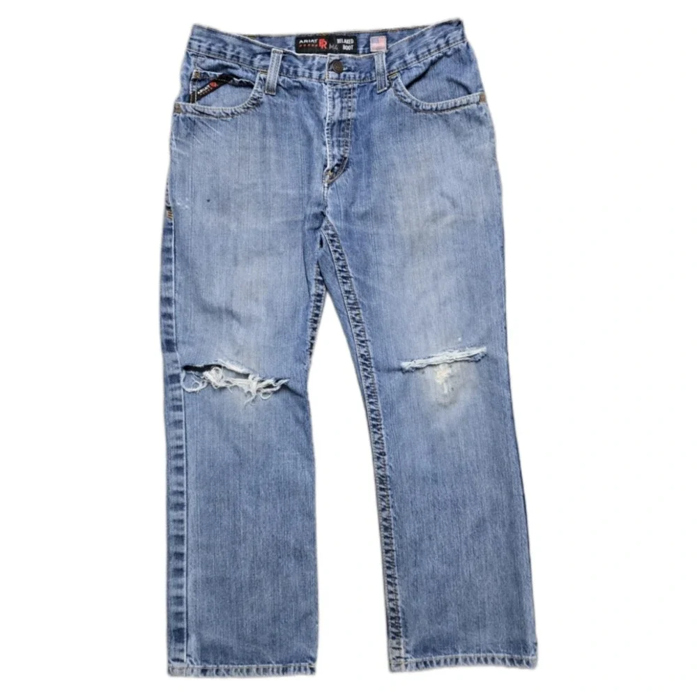 Ariat‎ FR M4 Relaxed Boot Cut Jeans Distressed Denim Men's 34x30 CAT2