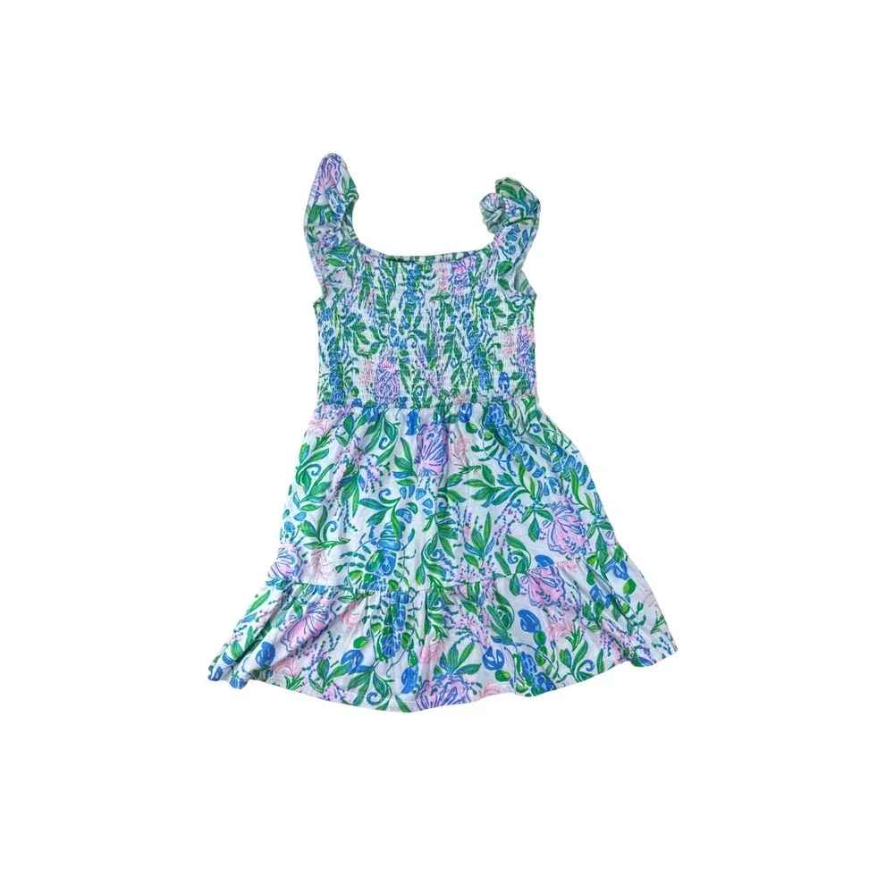 Lilly Pulitzer Girls Floral Smocked Dress Pink Blue‎ Green Size Large L